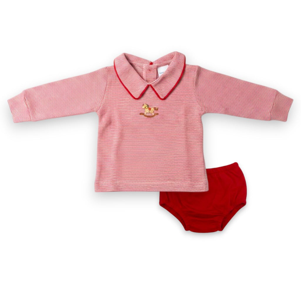 Squiggles Rocking Horse L/S Diaper Set W/pointed Collar Shirt Top & Bloomer M200/367 5307