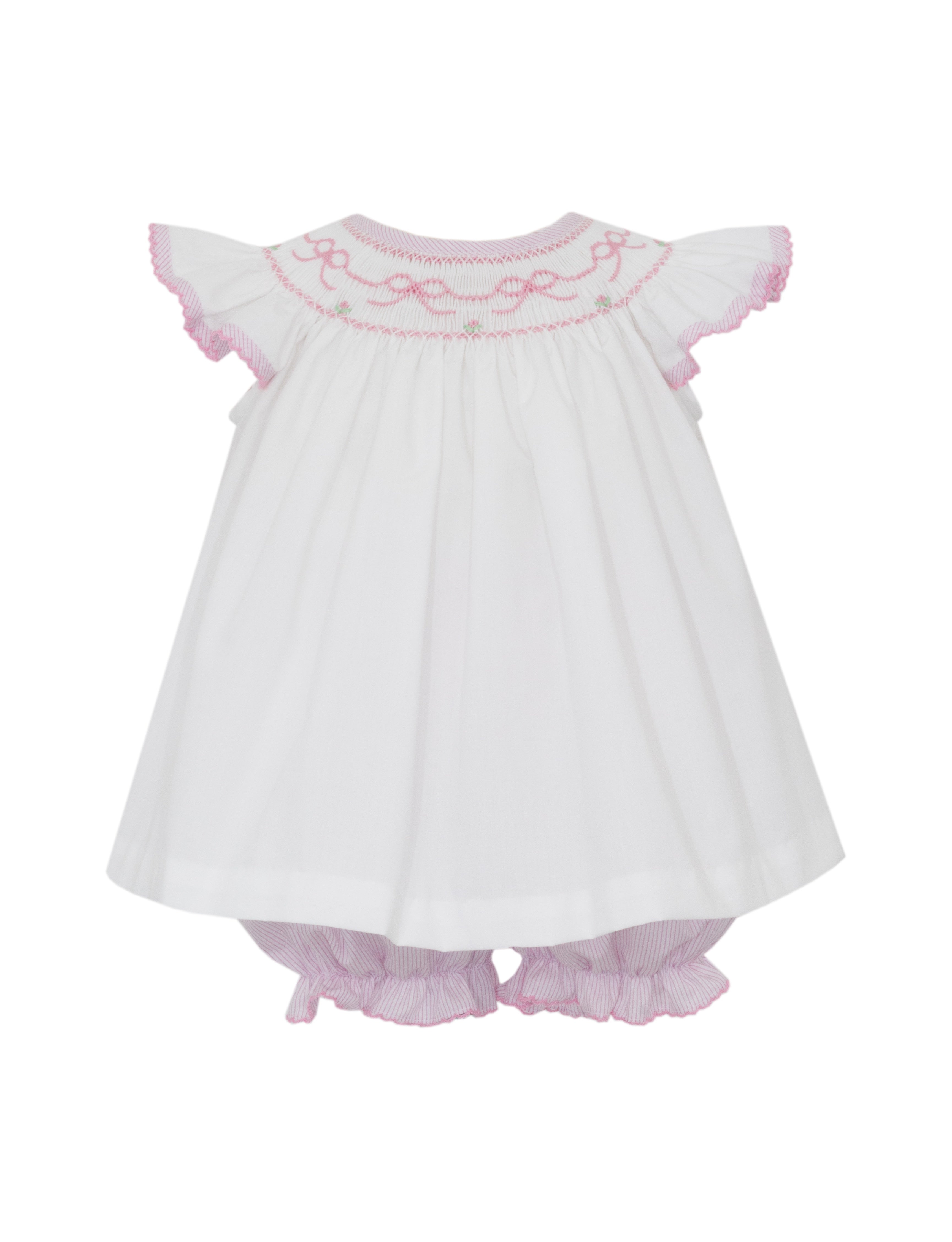 Petit Bebe Pink Bows Pink Tiny Stripe Angel Wing Bishop Bloomer set W/White Poplin Blouse 118C-MS26 5302
