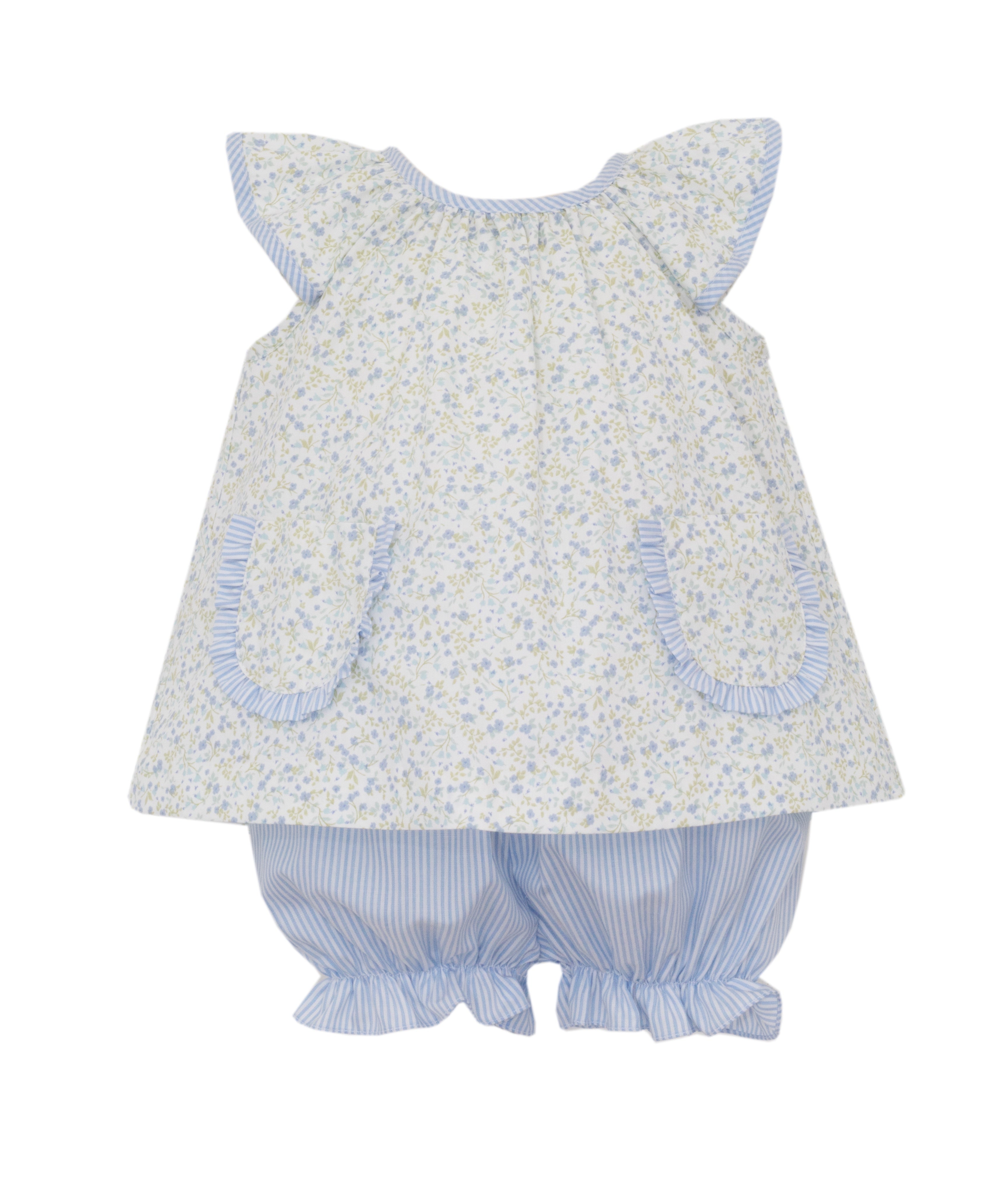 Petit Bebe Lt Blue Floral Sleeveless Bloomer Set W/Blue Stripe Bloomer 154C-MS26 5212