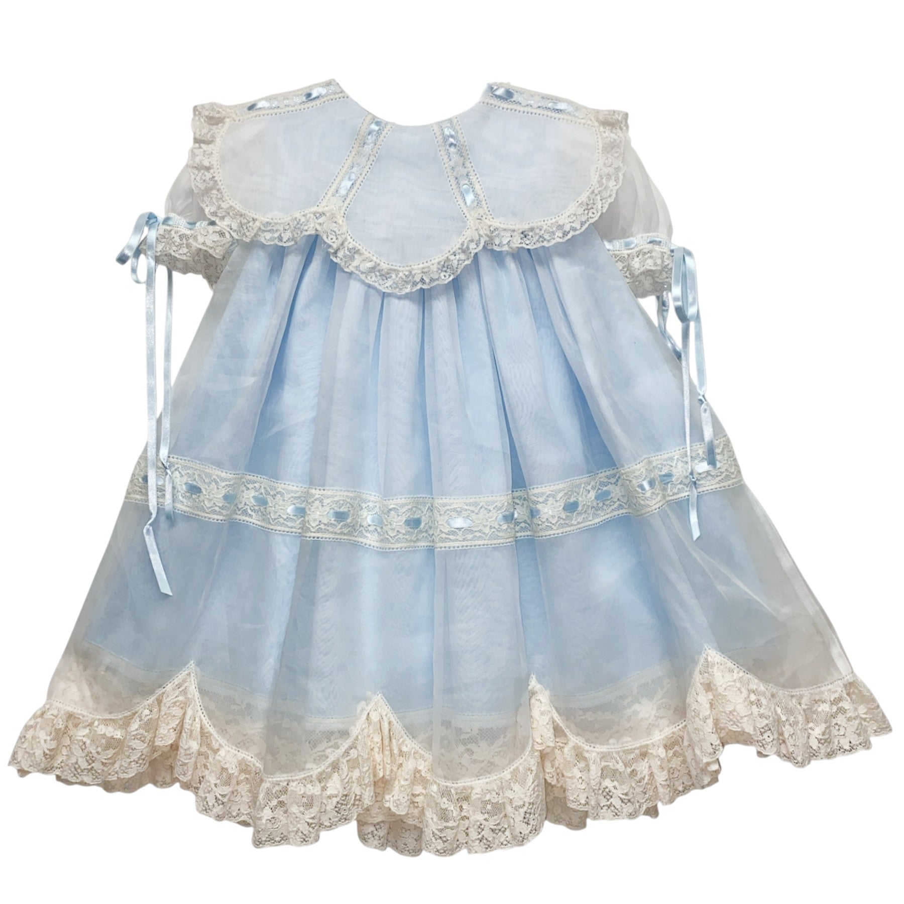 Treasured Memories White Organdy Overlay Dress W/ Blue Underdress W/Blue Ribbons & Ecru lace & insertion S2848