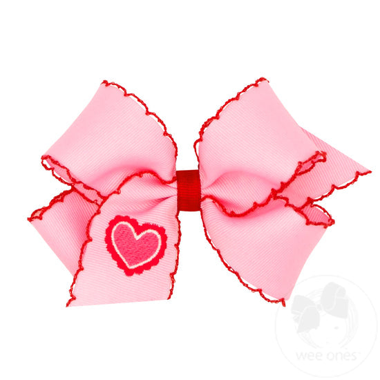 Wee Ones Medium Moonstitch Edge Grosgrain Hair Bow with Heart Embroidery
