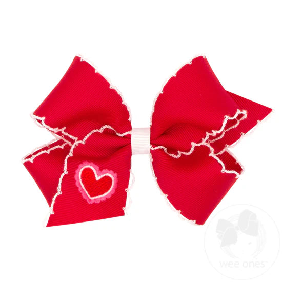 Wee Ones Medium Moonstitch Edge Grosgrain Hair Bow with Heart Embroidery