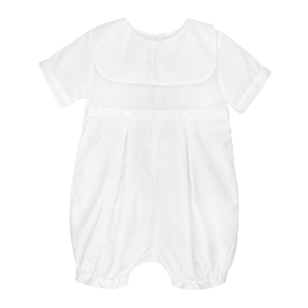 Petit Ami White Romper/Hat W/Embroidered Cross on Square Collar2711 5212