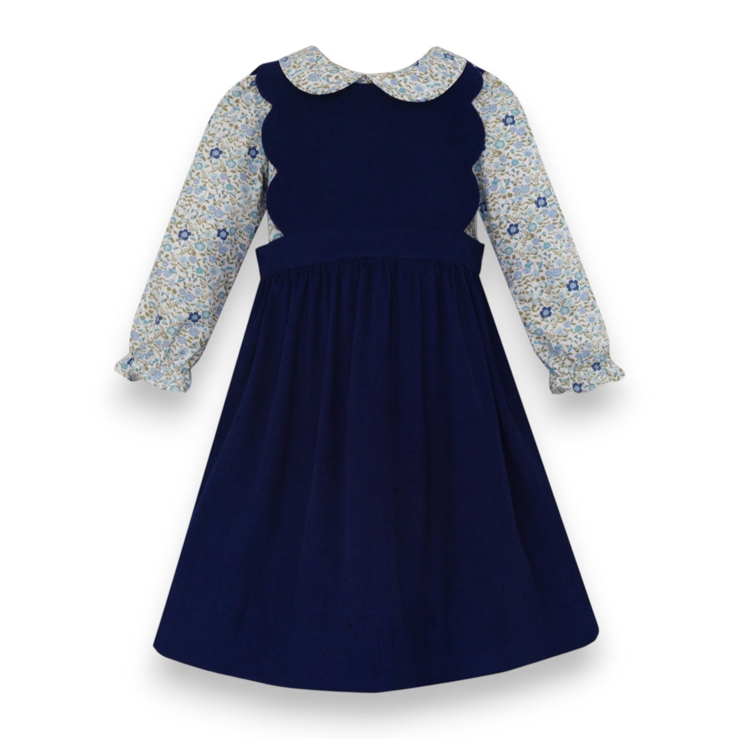 Claire & Charlie Navy Blue Corduroy Scalloped Jumper W/Navy Blue Floral Blouse L/S 3001D-CF26