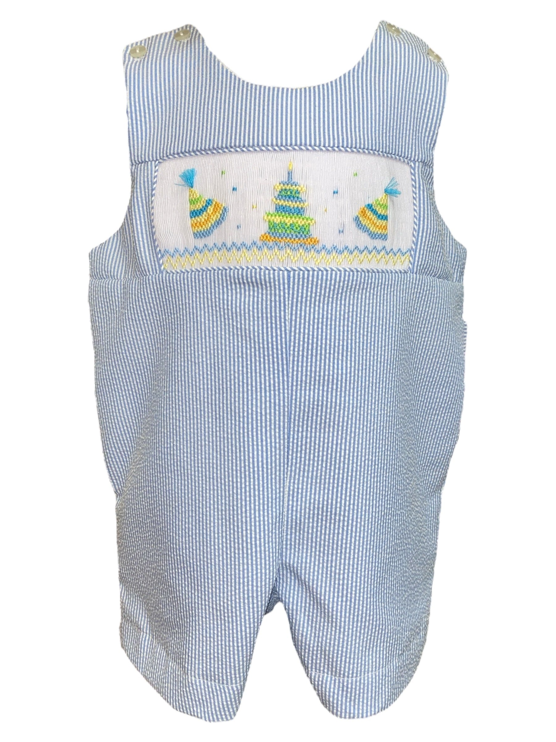 Rosalina Birthday Cake Romper Blue Seersucker 10013R 5201