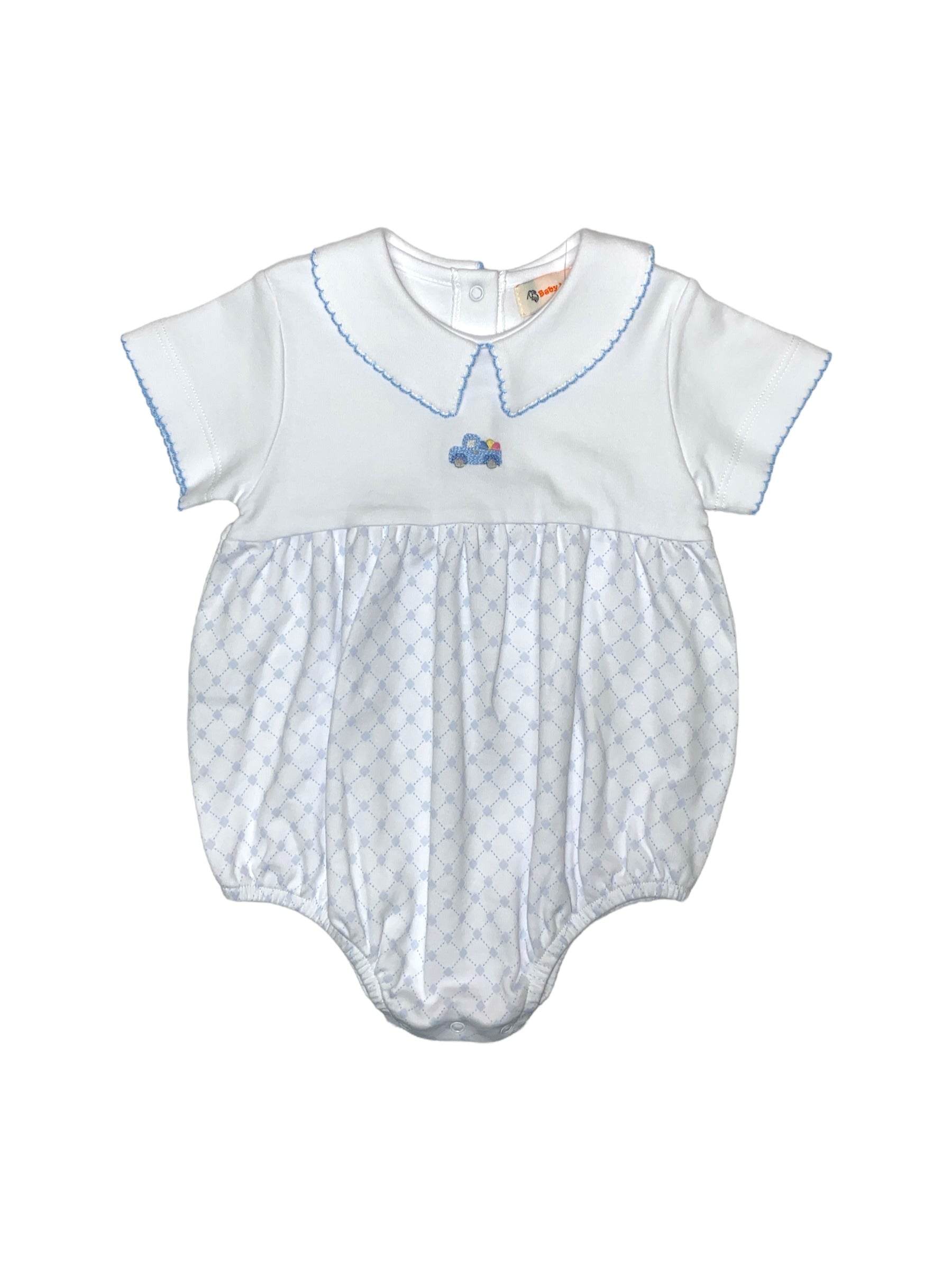 Luigi Lt Sky Blue Diamond Print S/S Boy Onesie W/Truck & Easter Eggs 5201