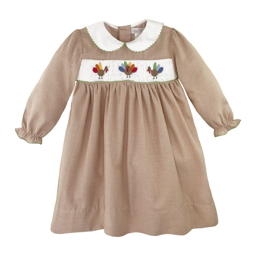 Petit Ami Baby Girls Long Sleeves Hand Picture Smocked Turkey Dress With Matching Bloomers, , Tan12 Months