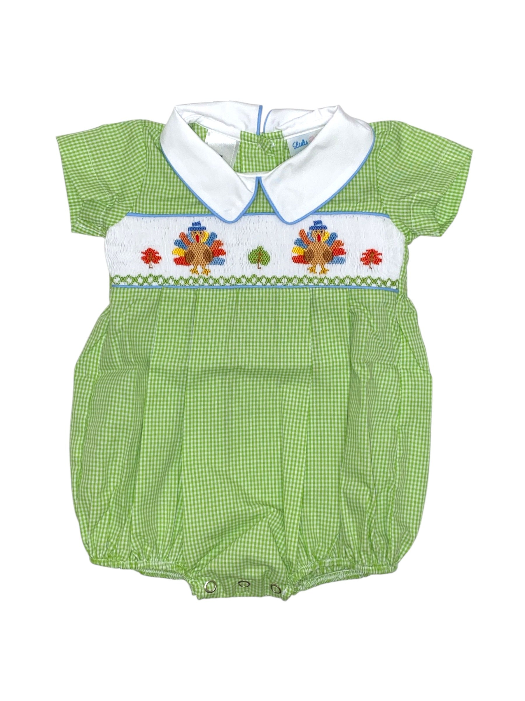 Lulu Bebe Boy Turkey Smocked Bubble Green Gingham/Blue Piping Blake-9 5208