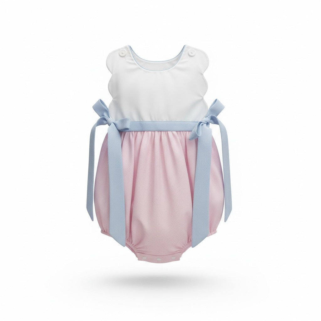 Petit Bebe Pink Check Scalloped Bubble W/Light Blue Side Bows 153F-MS26 5303