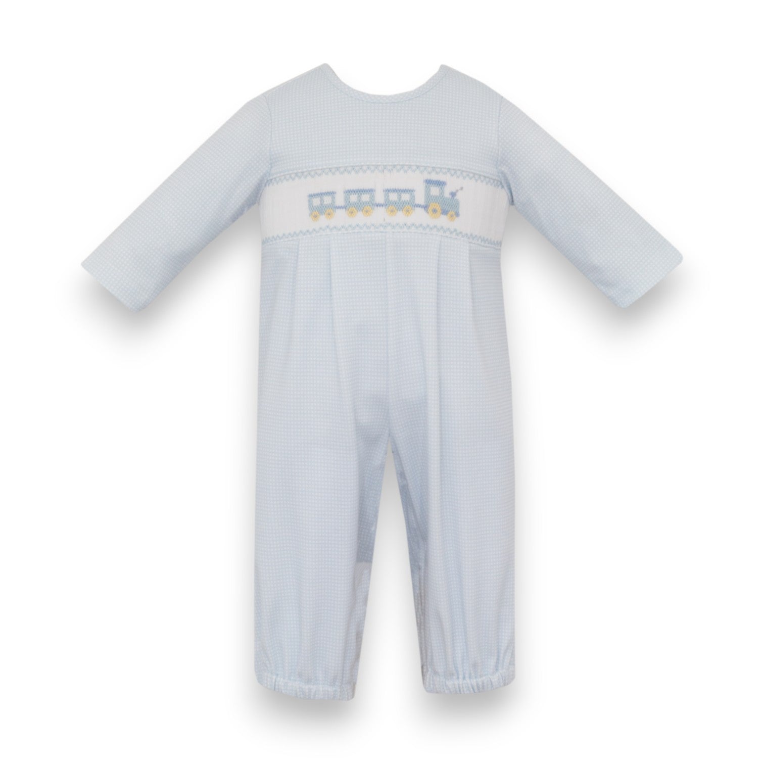 Petit Bebe Train Lt Blue Check Knit Boy's Long Footie W/No Feet L/S 43412-MF26 5308