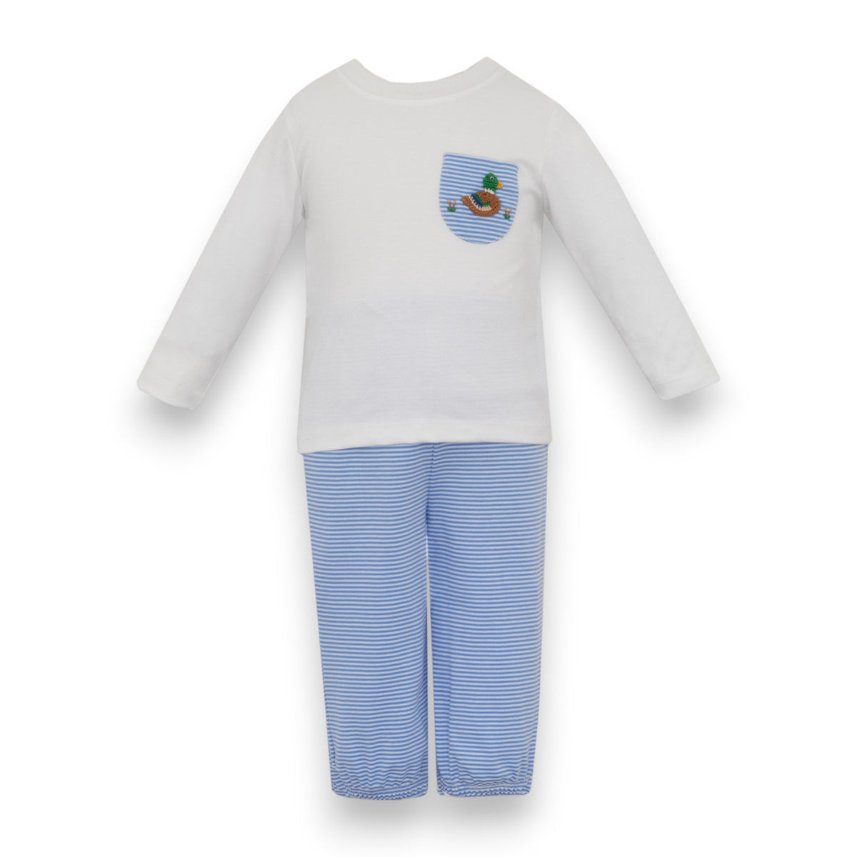 Petit Bebe Mallard Duck Peri Blue Knit Stripe Boy's Pant Set W/White T-Shirt L/S 468M2-MF26 5308