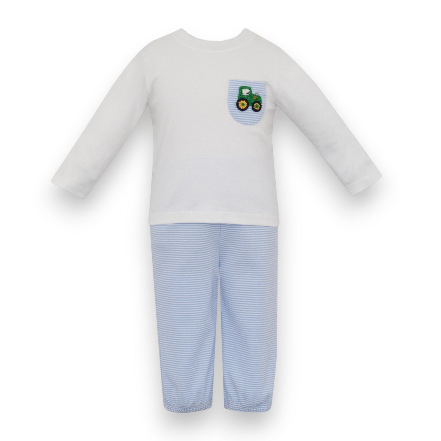 Petit Bebe Tractor Blue Knit Stripe Boy's Pant Set W/White Knit T-Shirt L/S 469M2 -MF26 5307