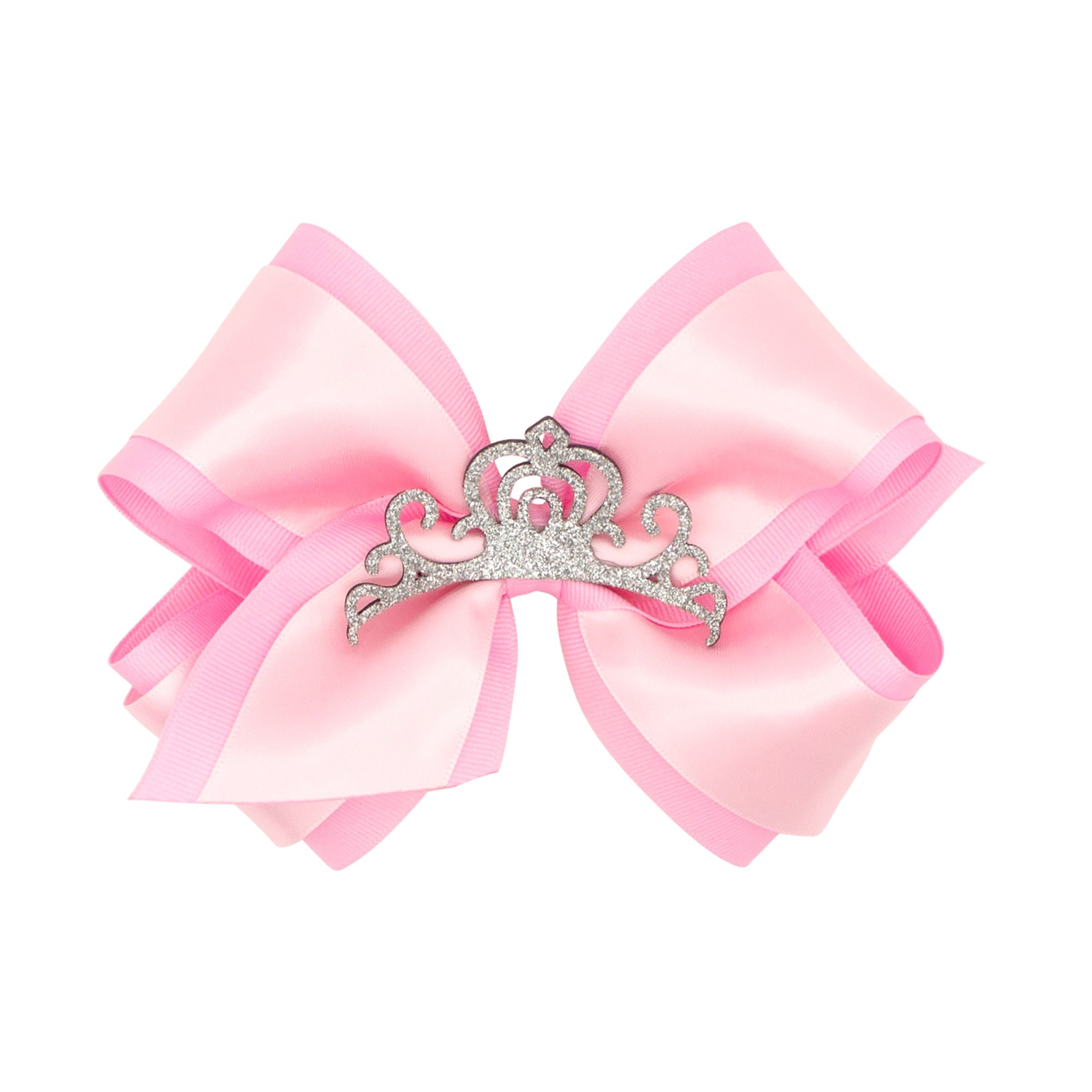 Wee Ones Medium Princess Grosgrain Hair Bow w/ Satin Overlay & Glitter Crown
