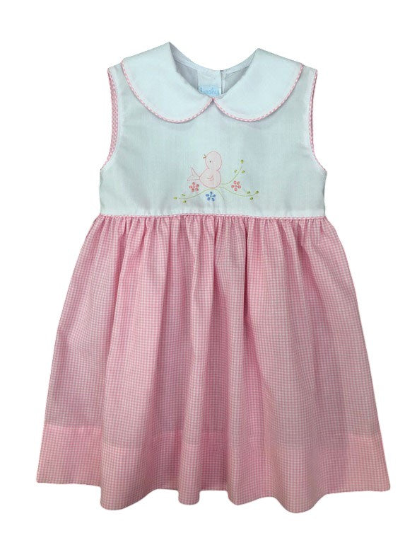 Auraluz Sleeveless Dress Pink Check Bird Shadow Emb 287 5202