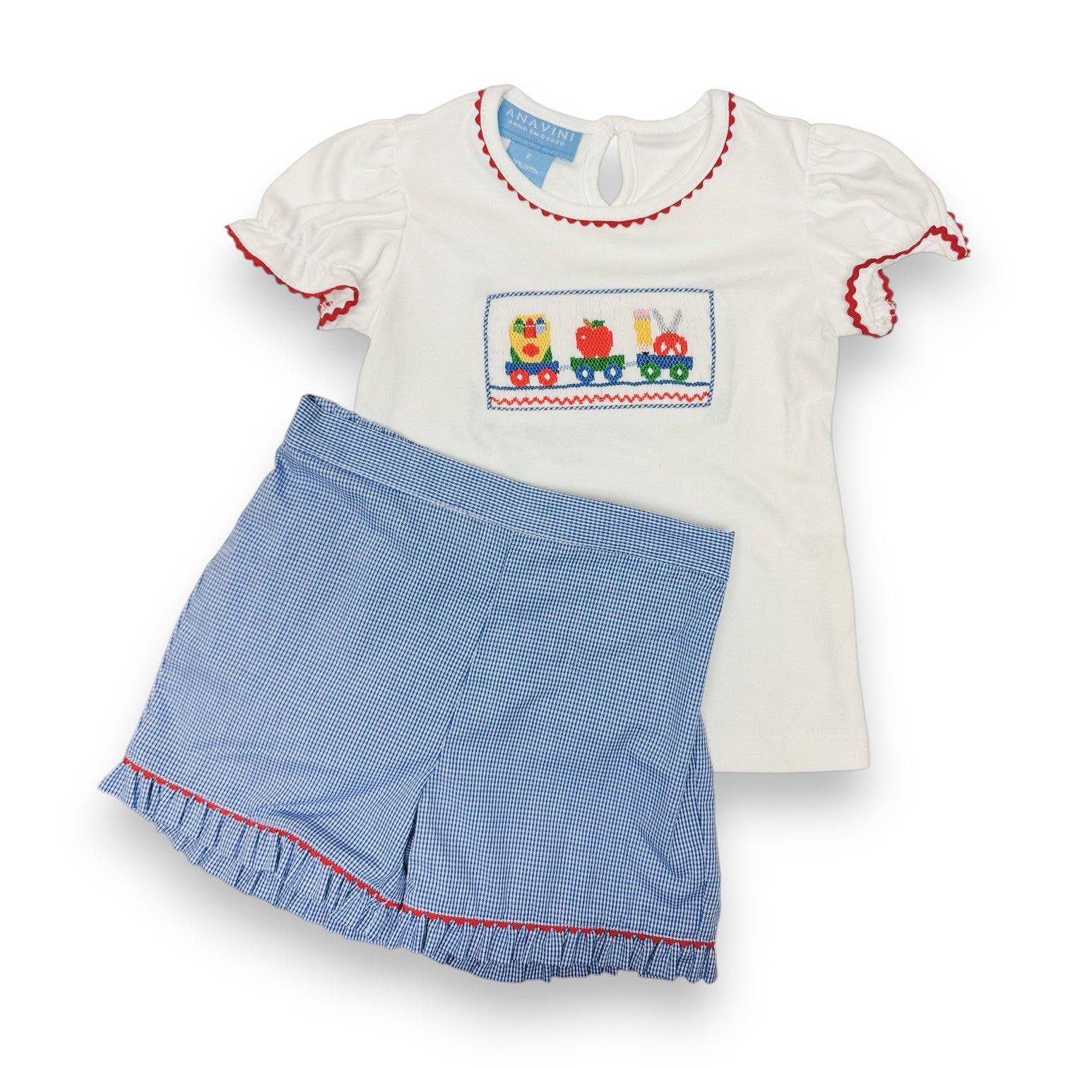 Anavini Back To School Girl's White Knit Girl's T-Shirt W/Royal Blue Gingham Girl Shorts 300Q-AF26/300SG-AF26 5306