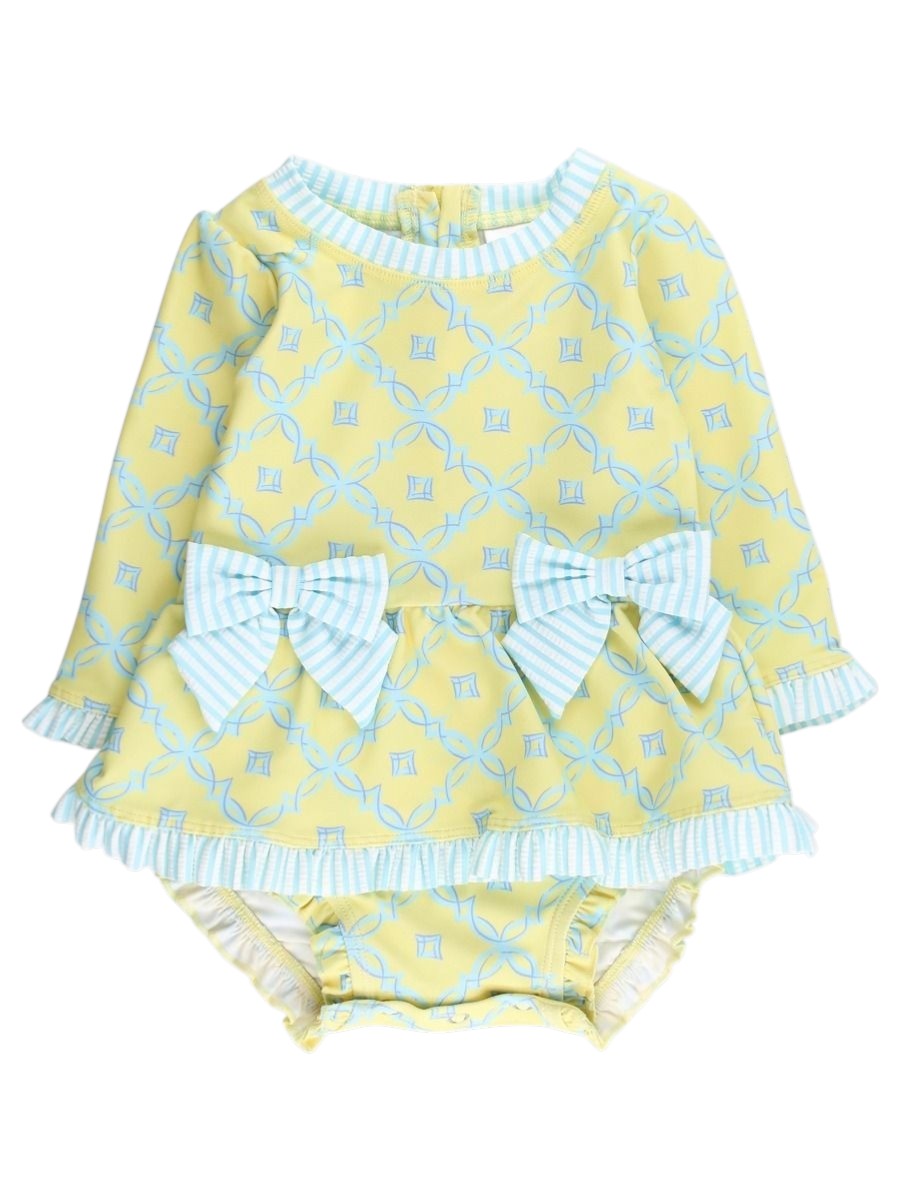 RuffleButts Banana Coastal Charm Long Sleeve One Piece Bow Peplum Rash Guard Swimsuit W/Signature Rear ruffle 1SW1032-00-P1140