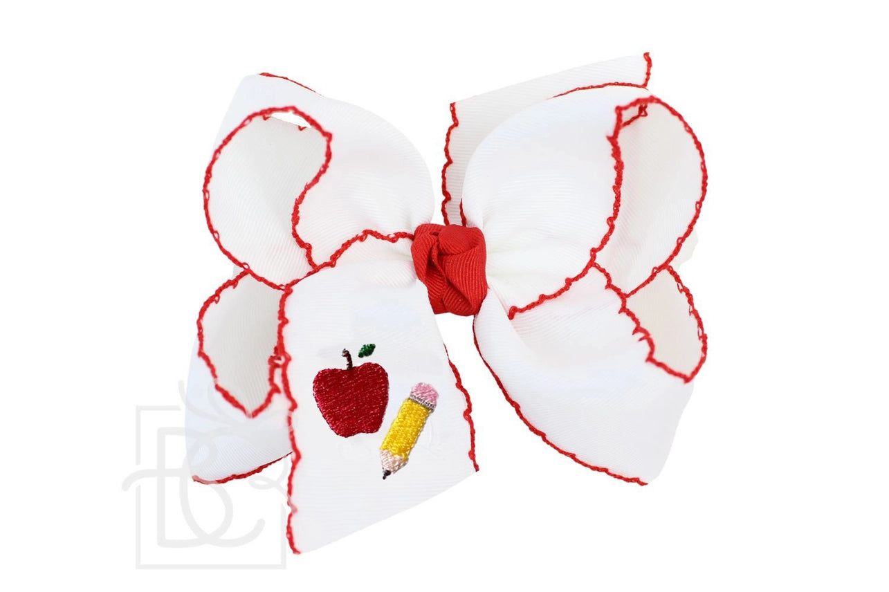 Beyond Creations Embroidered Pencil & Apple on White Bow w/Red Crochet Edge