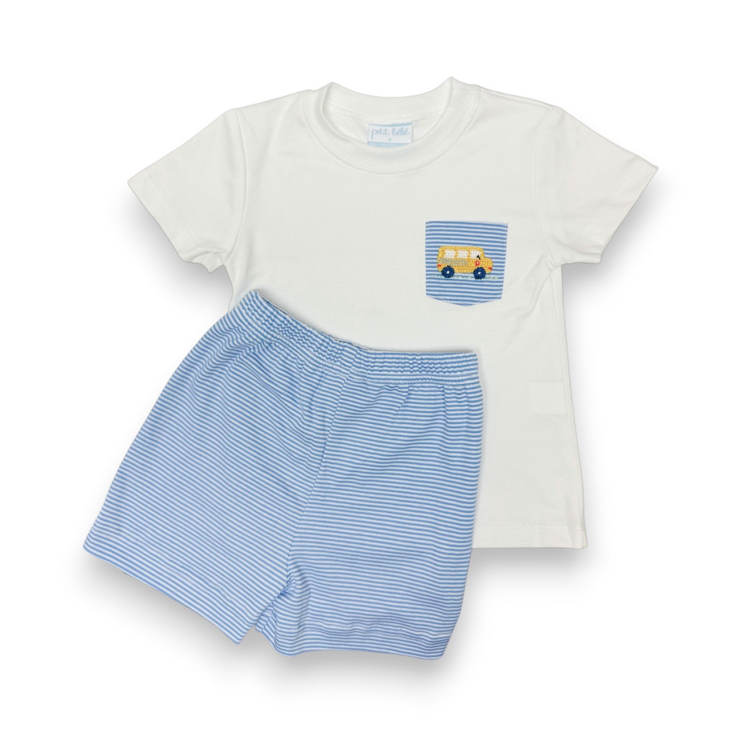 Petit Bebe School Bus Boy's Periwinkle Knit Stripe Boy's Short Set W/White 460m_MF26
