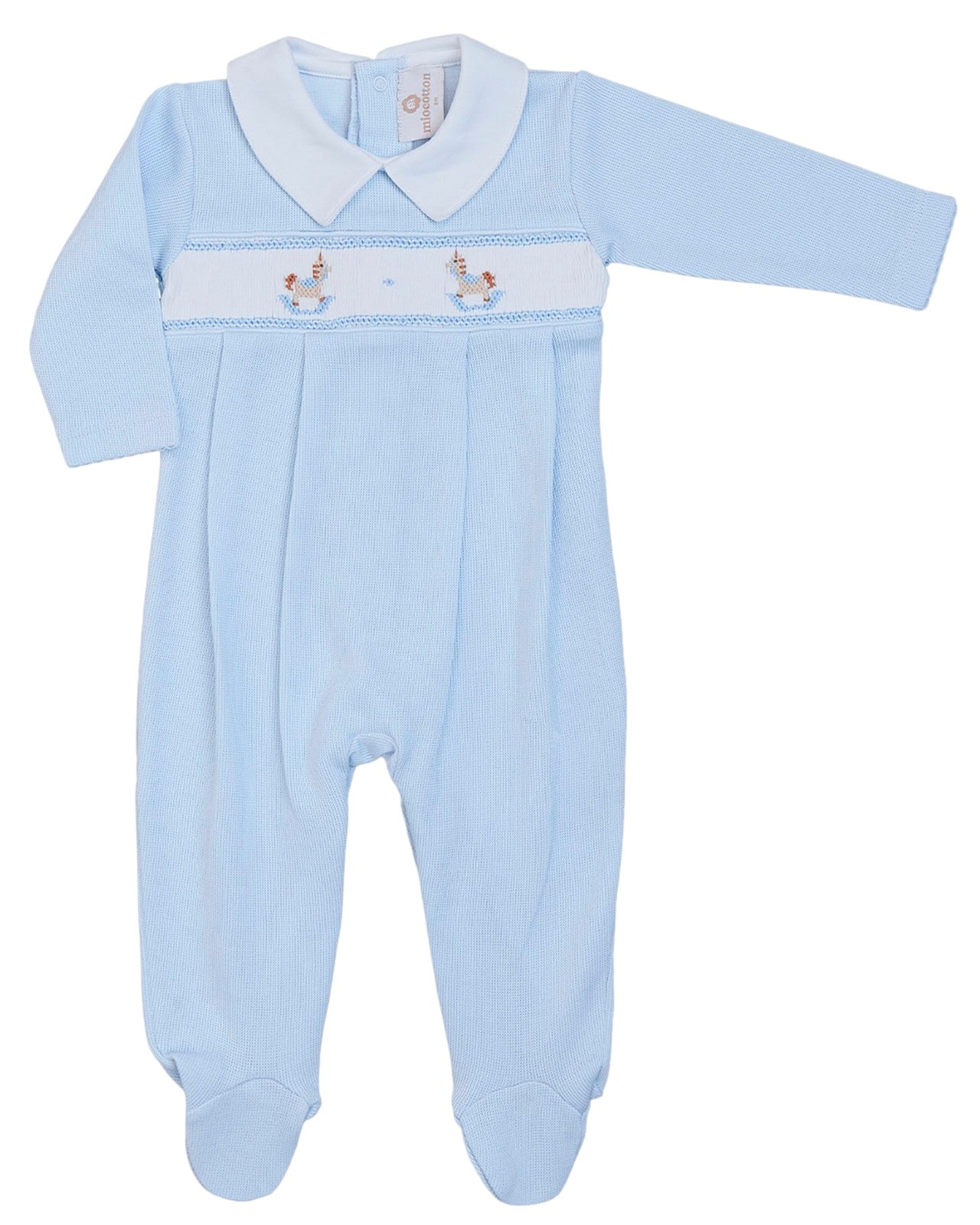 Miocotton Light Blue Rocking Horse Smocked Footie 5203