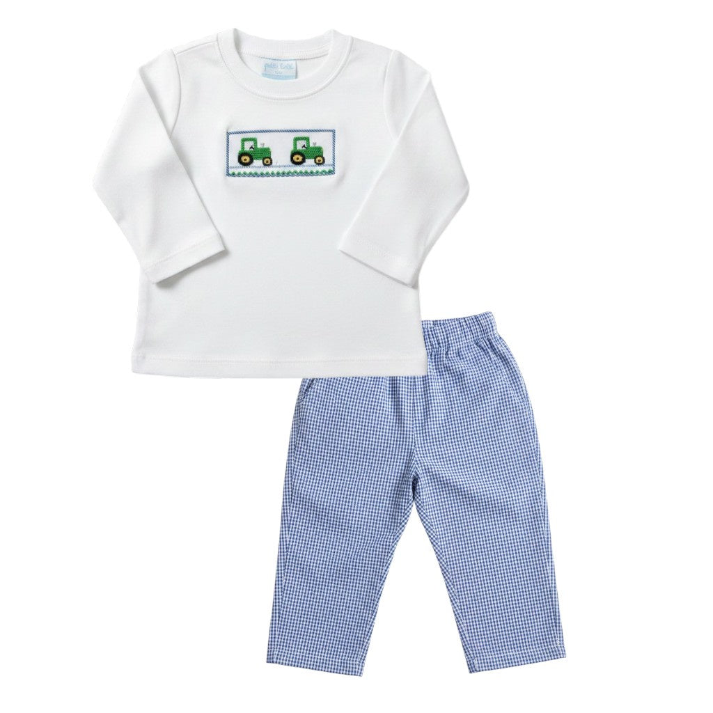 Petit Bebe Tractor Boy's White Knit T-Shirt & Royal Blue Microcheck Pants 128PL/PB 5307