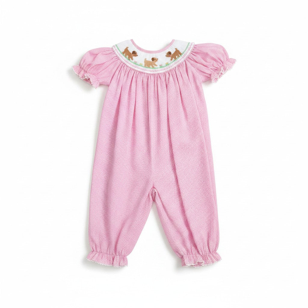 Petit Bebe Puppies Girl's Pink Check Long Bishop Bubble W/Insert 123F2