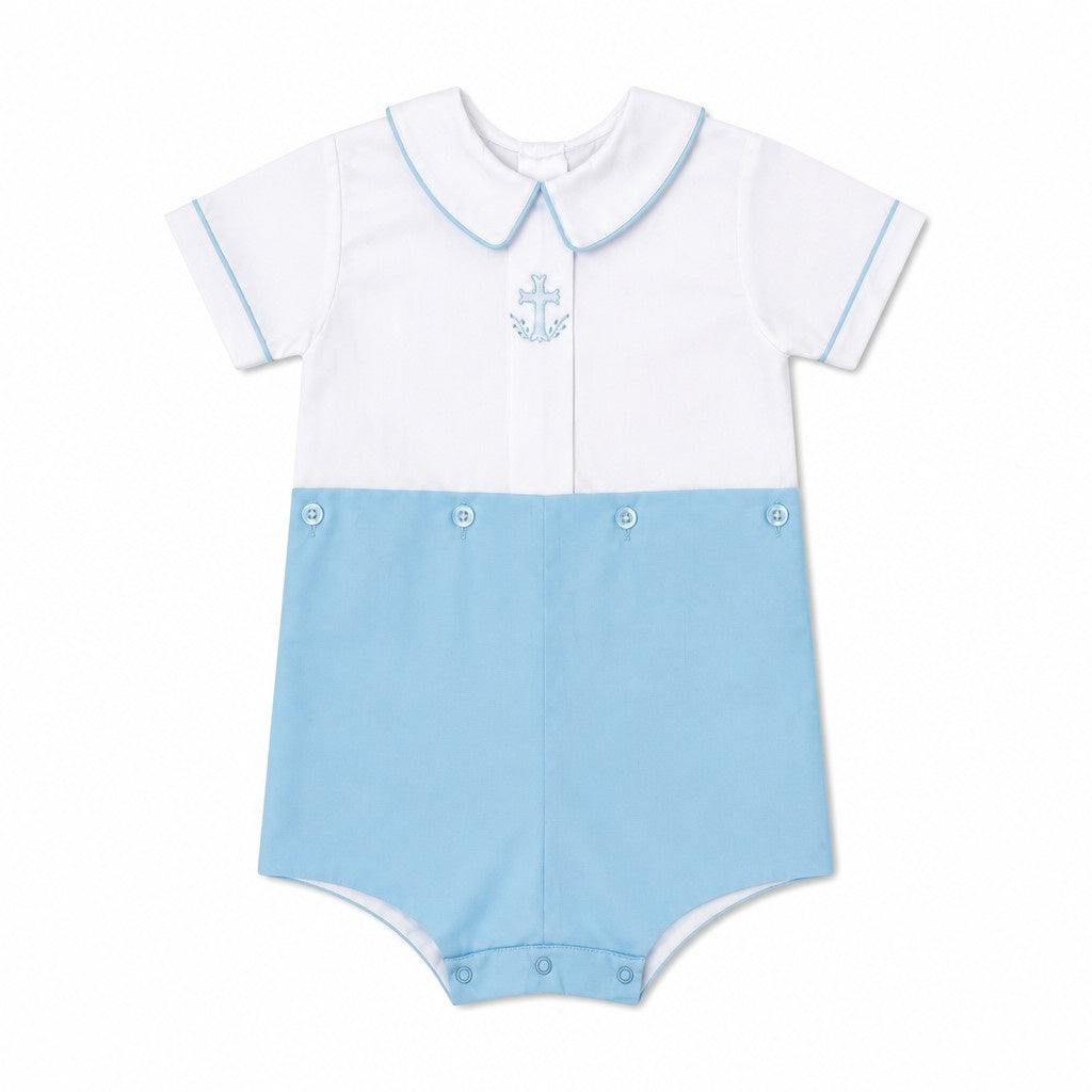 Auraluz Boy Button On Suit White/Blue PP Collar Blue Cross Embroidery 533