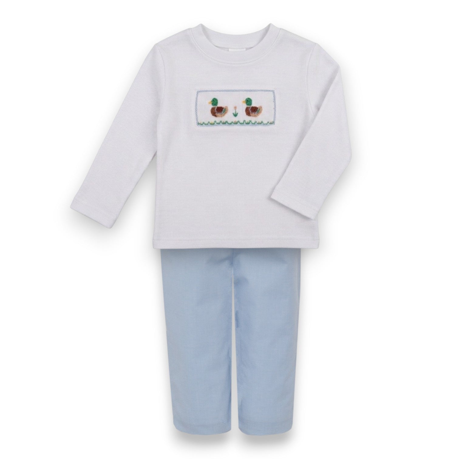 Petit Bebe Mallard Duck Boy's White Knit T-Shirt L/S & Blue Microcheck Pants126PL-MF26 5307
