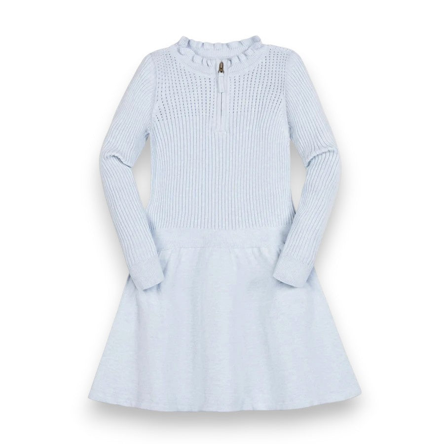 Hope & Henry Organic Half Zip Ruffle Neck Sweater Dress Light Blue Heather 26HG3259A 5309