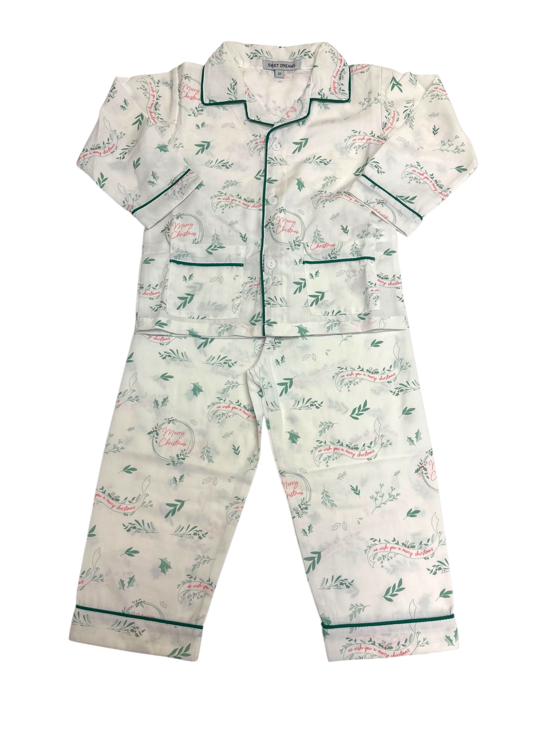 Sweet Dreams Merry Christmas Print White W/Green Trim PJ'S 5208