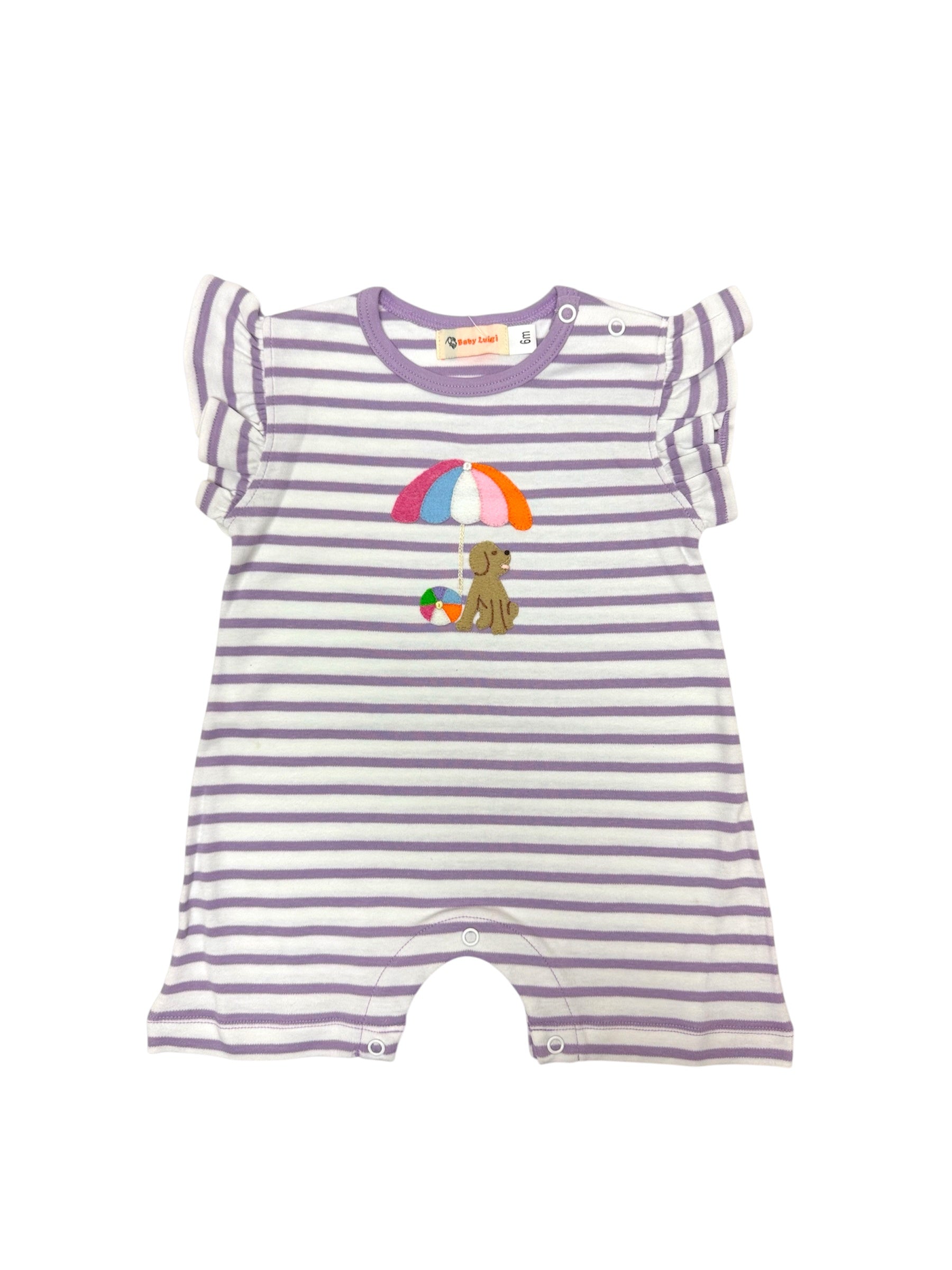 Luigi Flutter Sleeve Romper White W/Lavender Stripe W/Dog W/Ball Appl 0I177S-13845