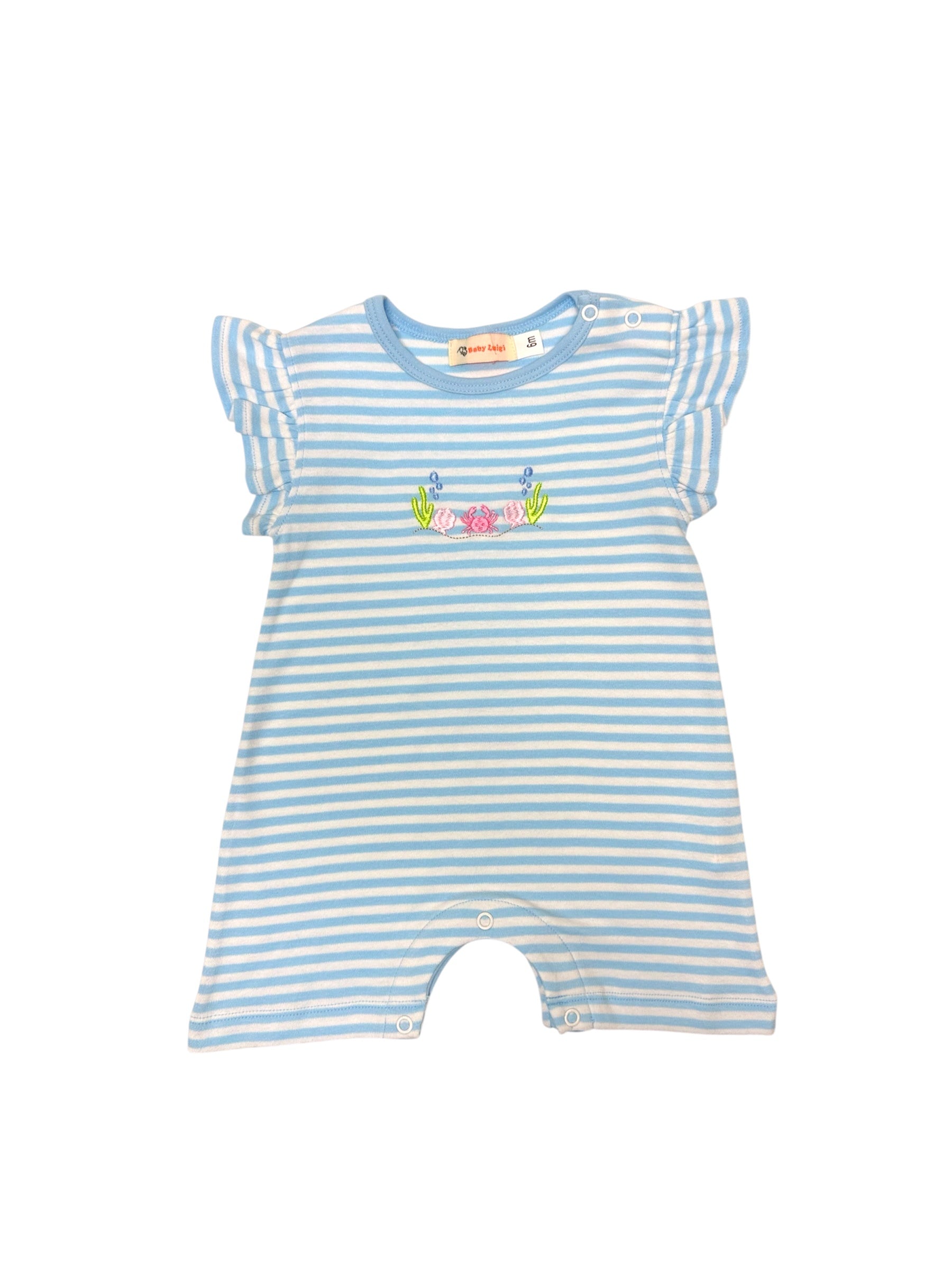 Luigi Ocean Embroidered Flutter Sleeve Romper Lt Sky Blue/White Stripe oI177S-M8114