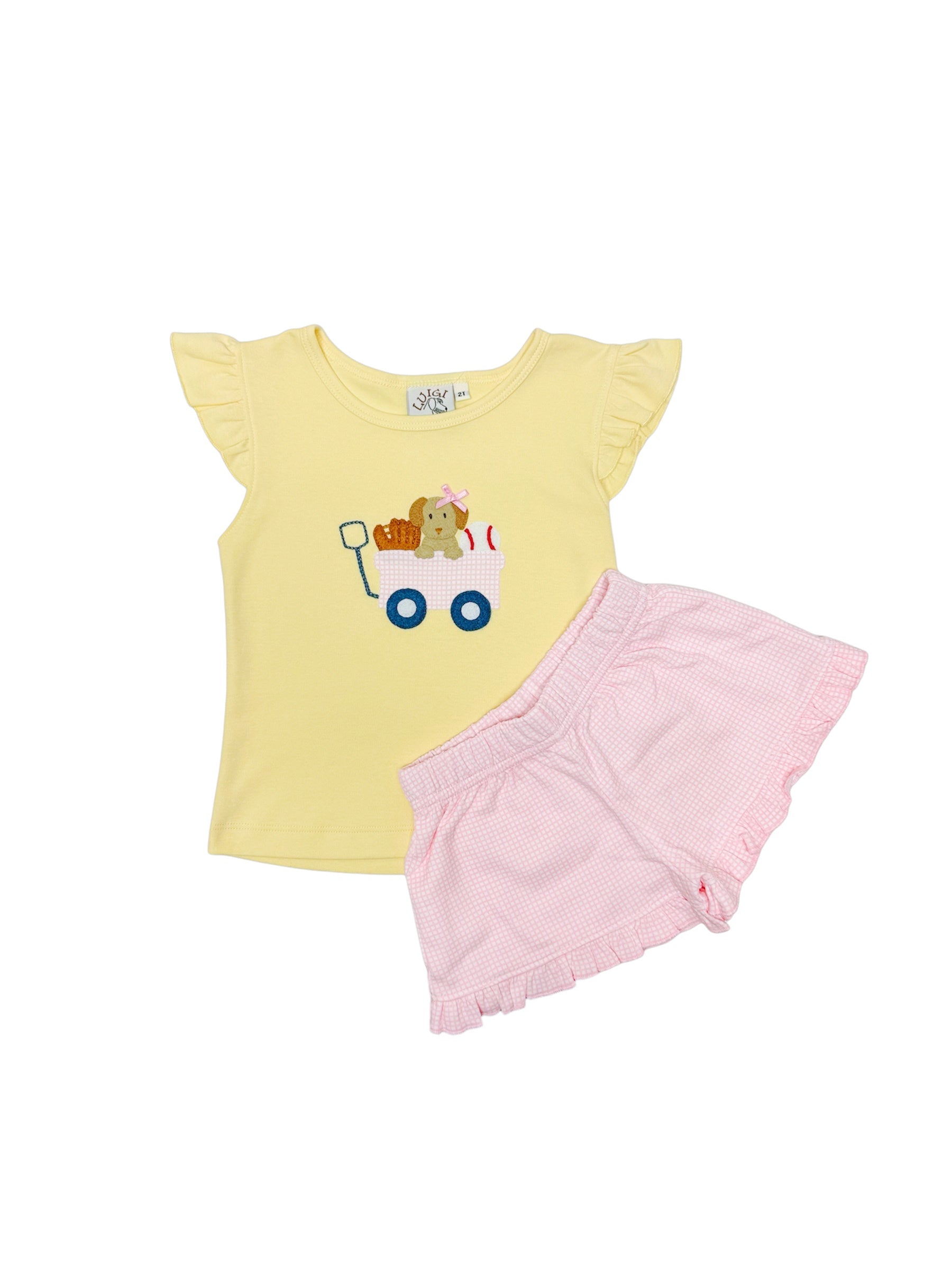 Luigi Yellow Girl Flutter Sleeve W/Wagon W/Dog W/Glove & Ball & Lt Pink Gingham Shorts ITS229-13811/ISH079P