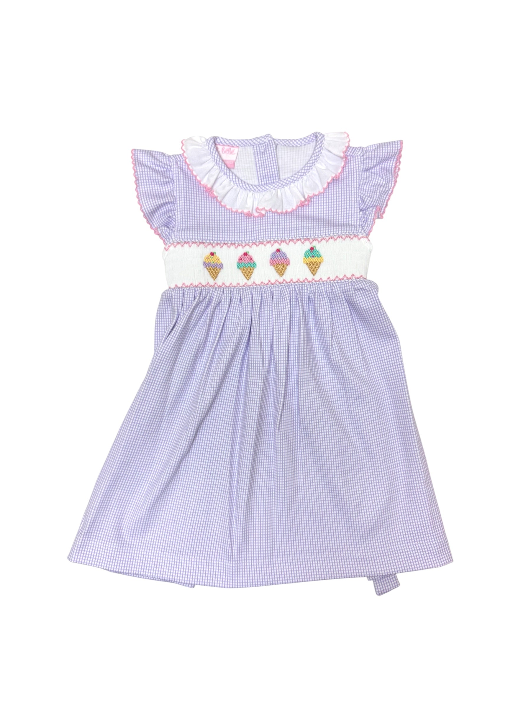 strapless open back dress Petit Bebe Ice Cream Lilac Knit Gingham Sleeveless Dress W/White Ruffl