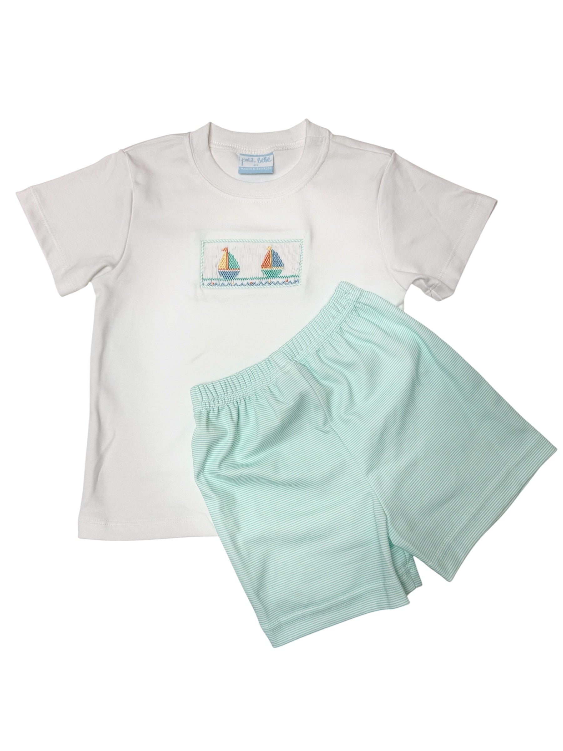 Petit Bebe Sailboats Boy's Aqua Knit Stripe Boy's White T-shirt Set W/Diaper 435M-MS26