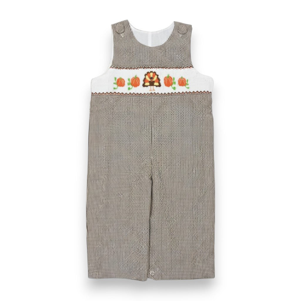 Delaney Boys Brown Check Long Jon Jon Smocked Turkey/Pumpkins 104 5308