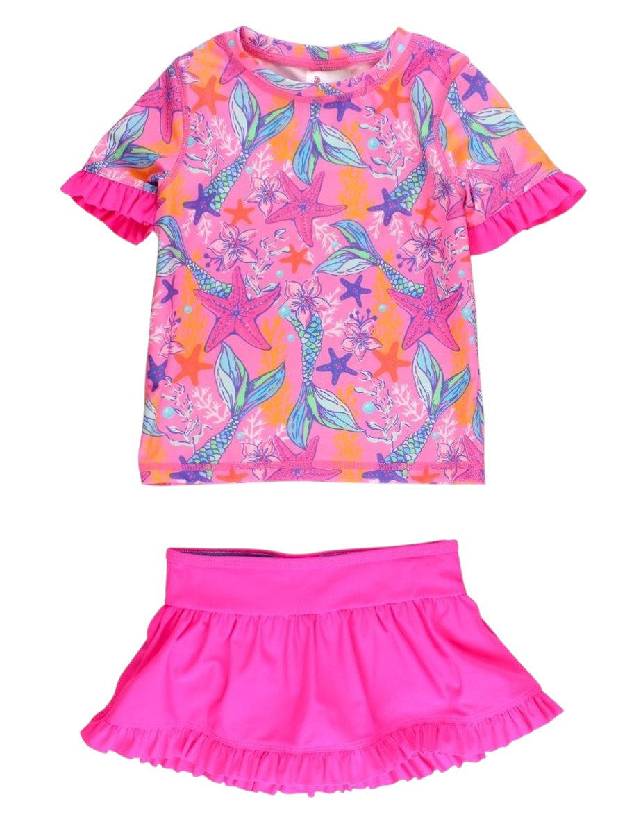 RuffleButts Neon Shimmer Mermaid Short Sleeve RuffleRash Guard Skirted 2-Piece Swimsuit 1SW0990-00-P1096