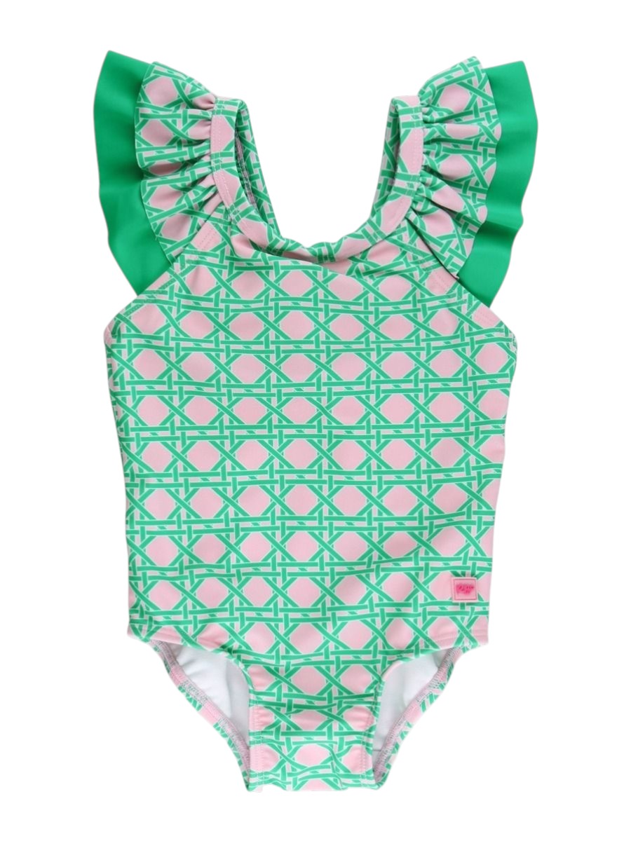RuffleButts Pink Coastal Cane Bow V-Back One Piece Swimsuit 1SW0359-00-P1170 5302