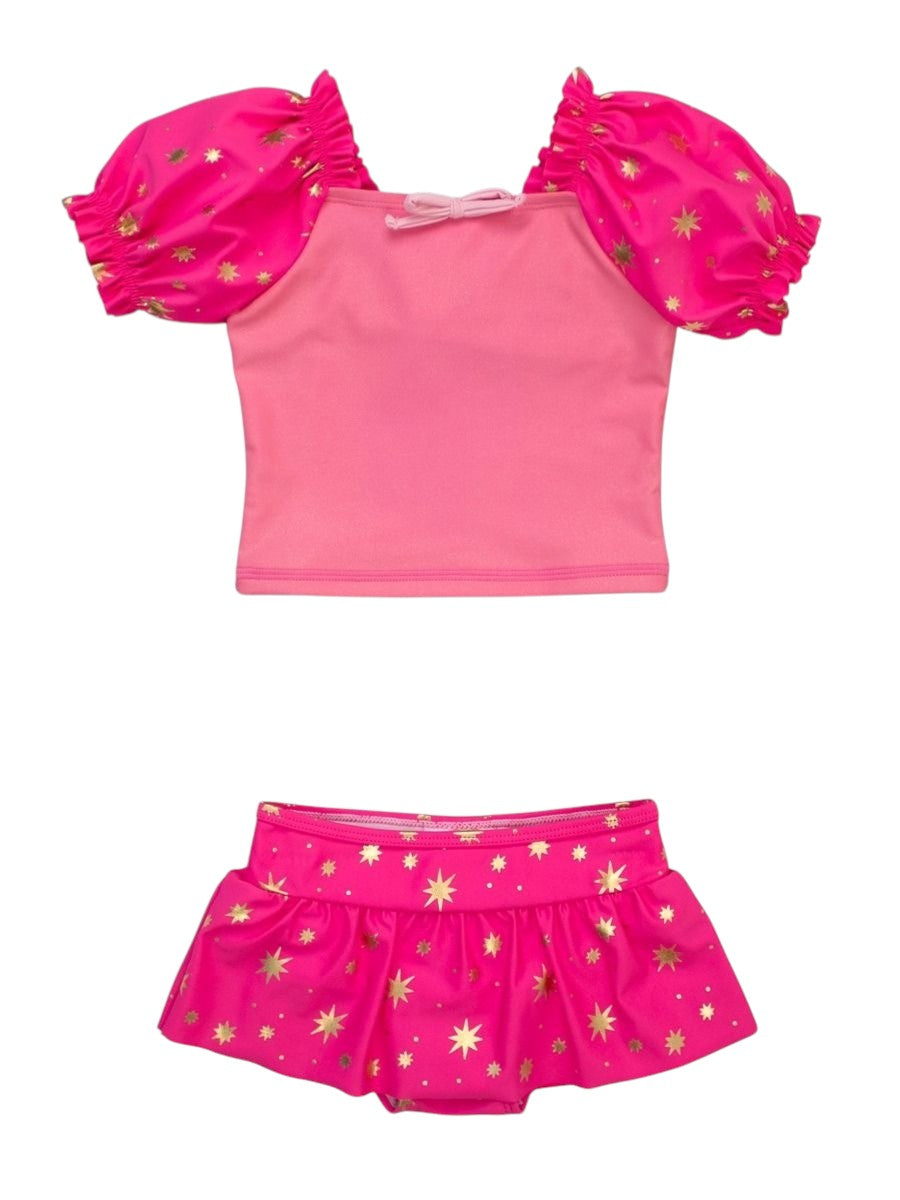 RuffleButts Royal Pink Princess Puffed Sleeve Skirted 2-piece Swimsuit 1SW0814-00-PO819