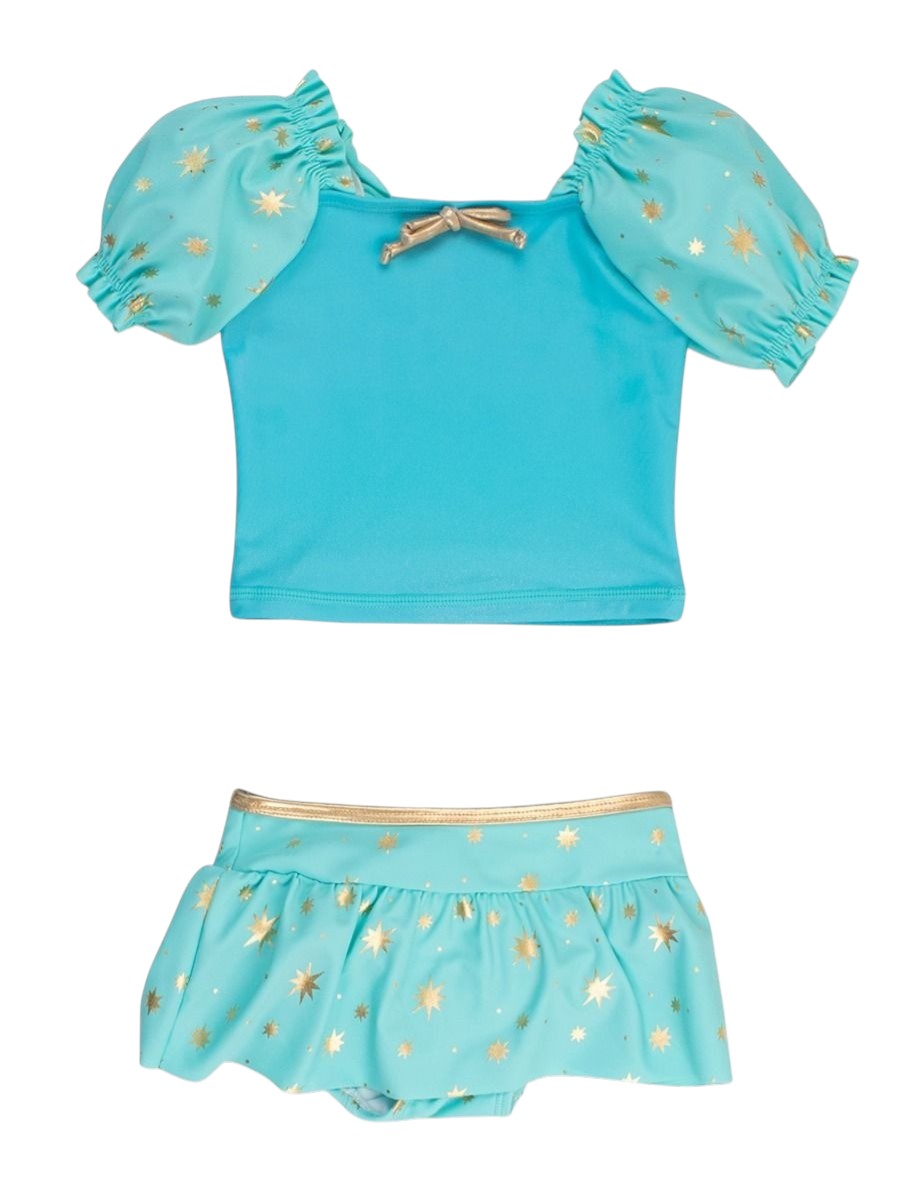 RuffleButts Teal Golden Princess Puffed Sleeve Skirted 2-Piece Swimsuit 1SW0814-00-P0820