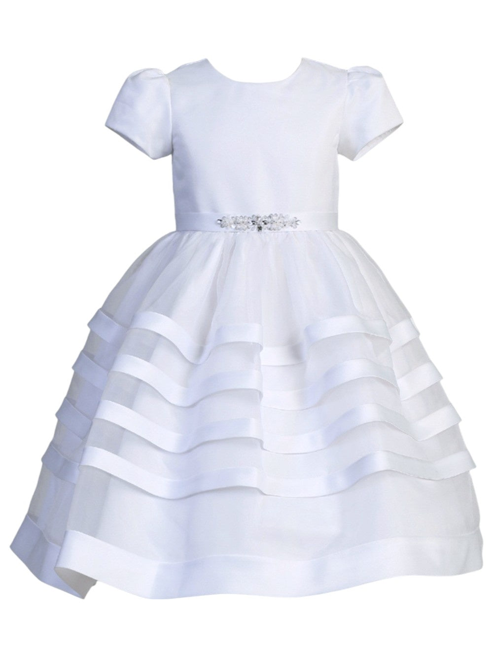 strapless open back dress Lito Satin W/Organza Overlay & Satin Stripes Dress White SP708