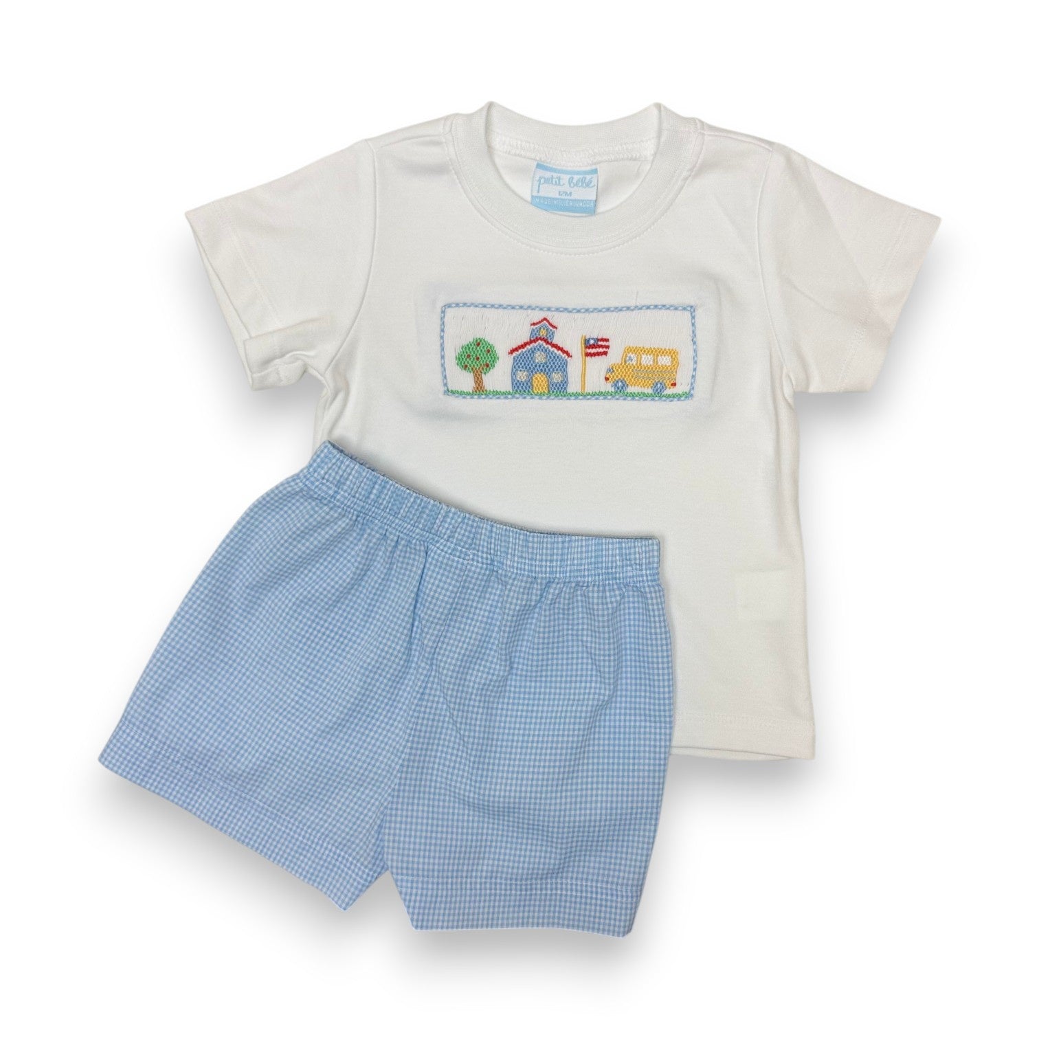 Petit Bebe School House Boy's Lt Blue Gingham Boy's Short Set W/White Knit T-Shirt 120M-MF26 5306