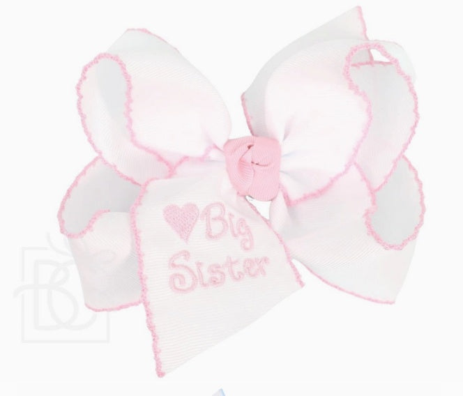 Beyond Creations Big Sister Embroidered White Bow w/Light Pink Crochet Edge Huge (XL)