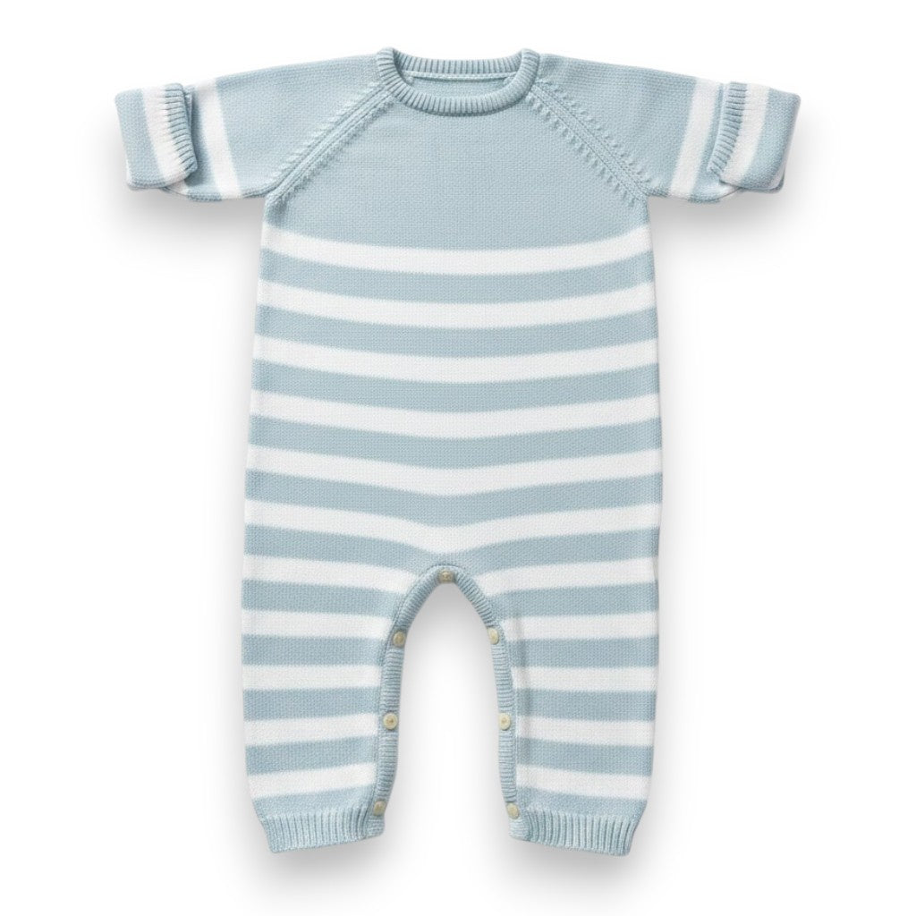 Mi Lucero Striped Romper W/Button in Legs Light Blue/WhiteU26257 5308