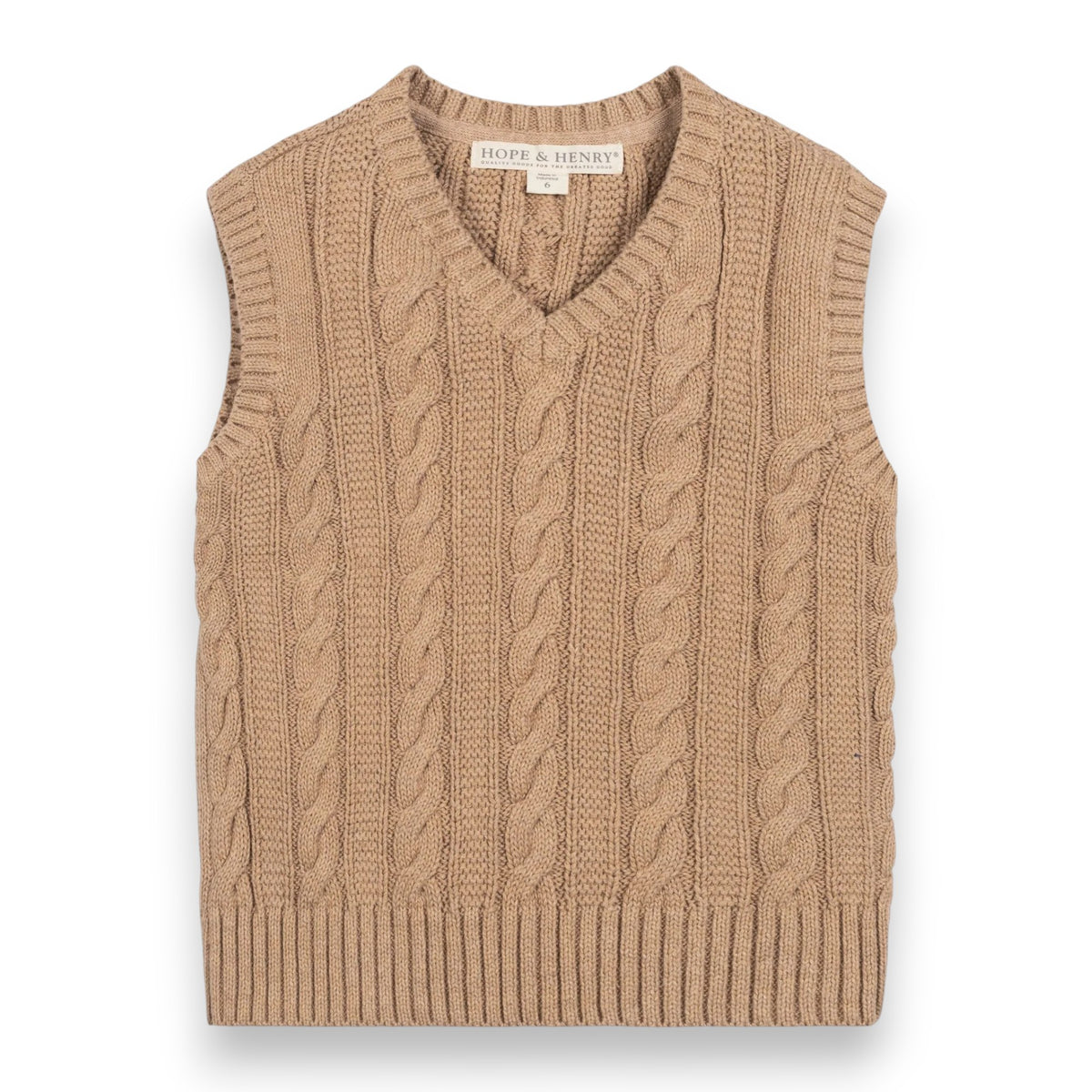 Hope & Henry Organic Cable Sweater Vest Camel Heather Cable 26HC3199P 5309