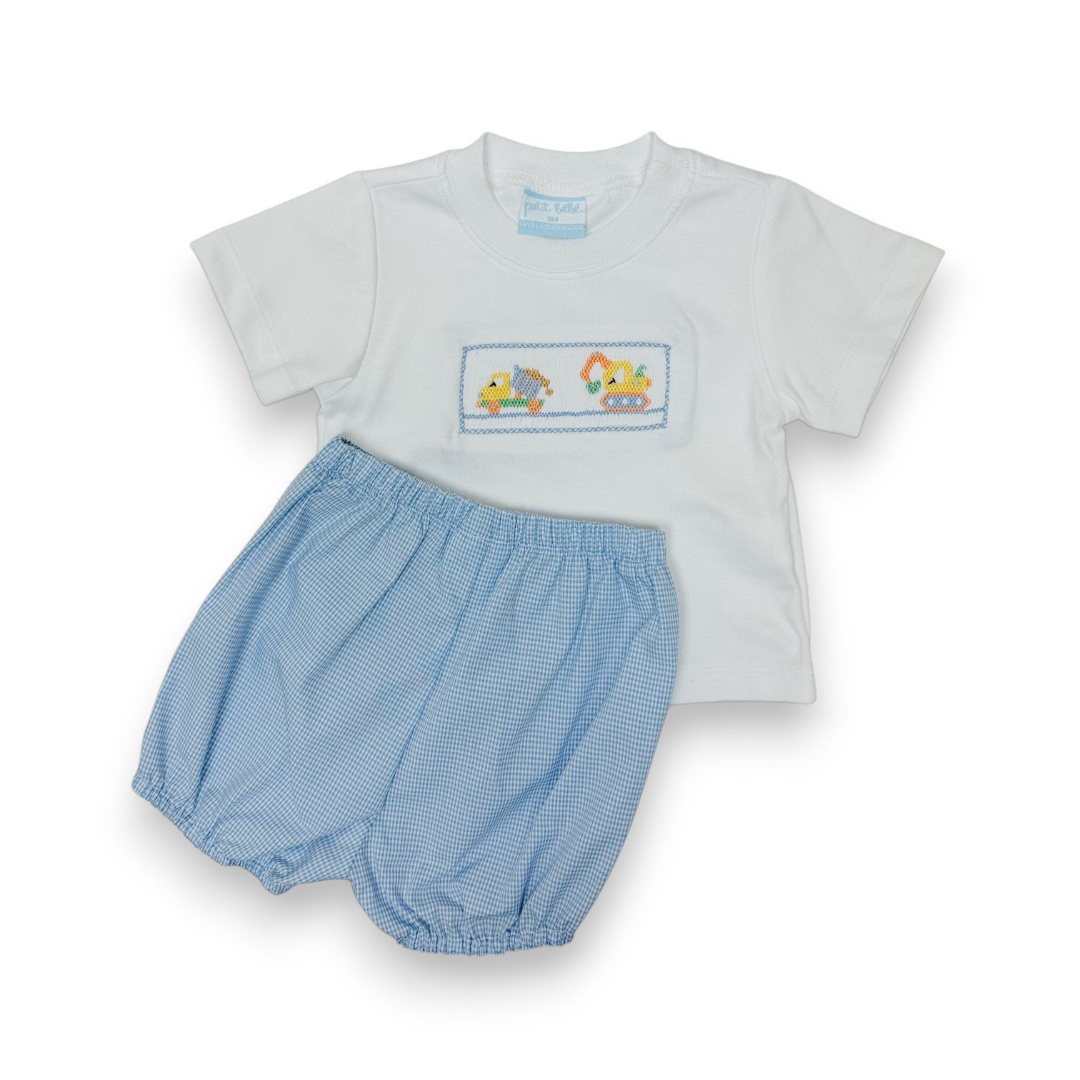 Petit Bebe Trucks Blue Check Boy's Diaper Set W/White T-Shirt S/S 131M-MF26 5306
