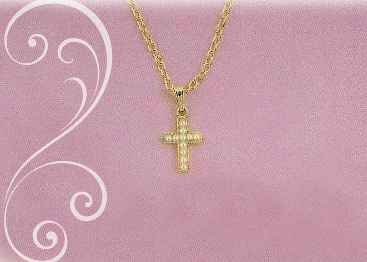 Collectables Gold Finish Cross with Baby Pearls Necklace CJ-316