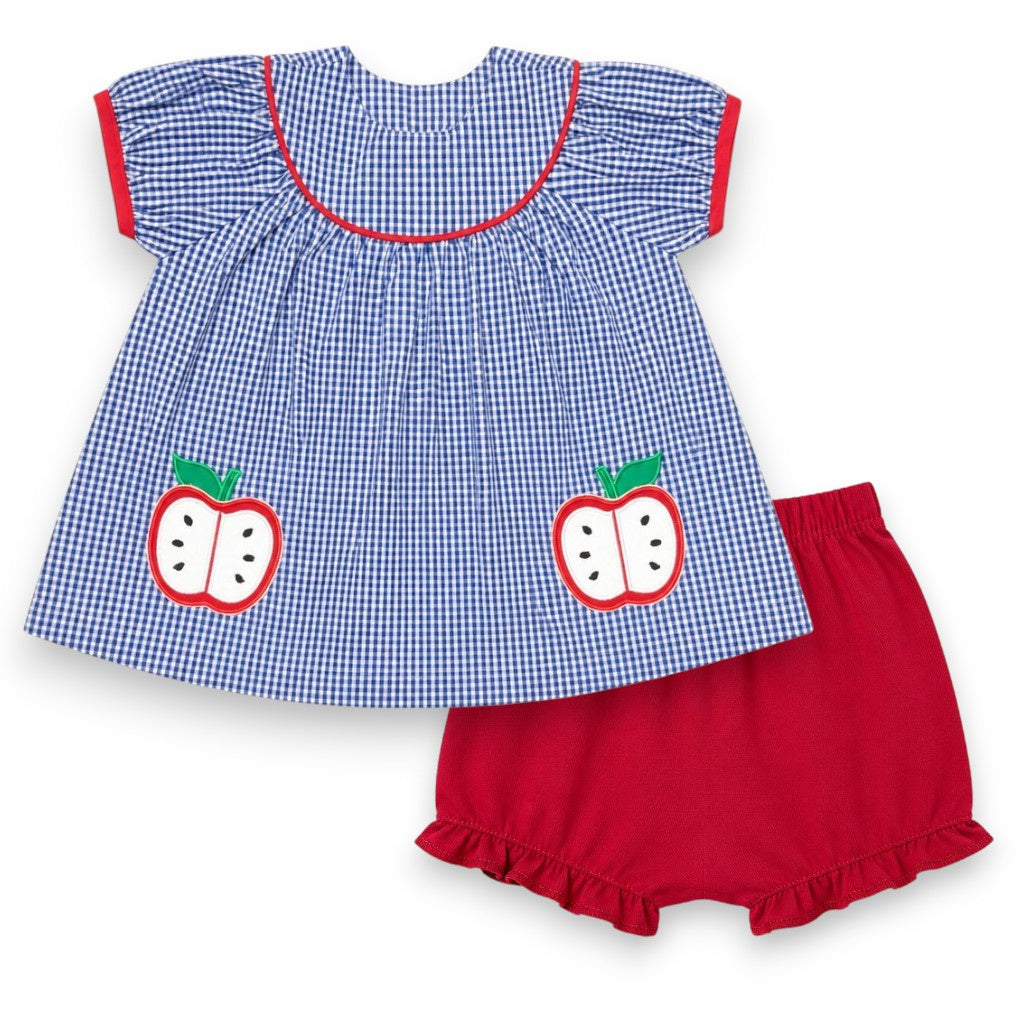 Delaney Girls Blue Round Collar Applique Apple Pockets Bloomer Set DELF26-94 5307