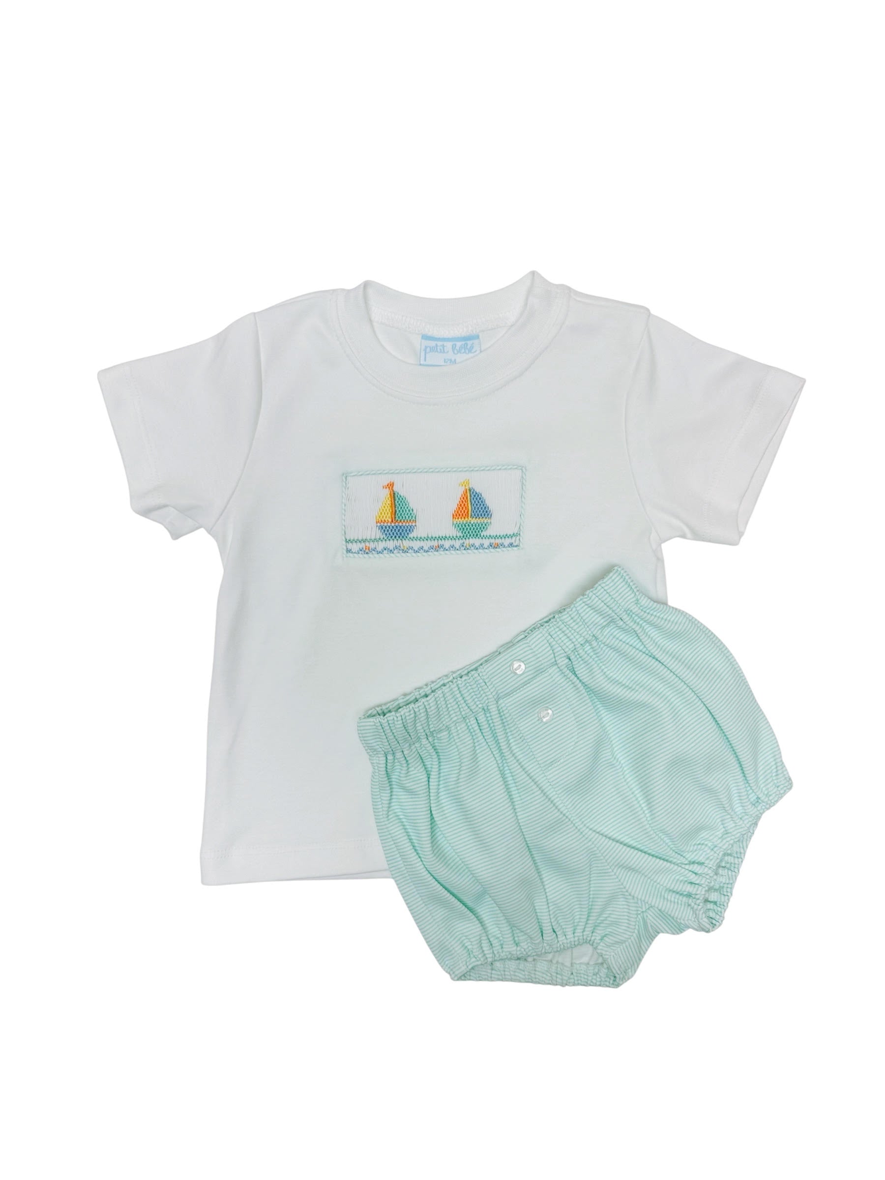 Petit Bebe Sailboats Boy's Aqua Knit Stripe Boy's White T-shirt Set W/Diaper 435M-MS26
