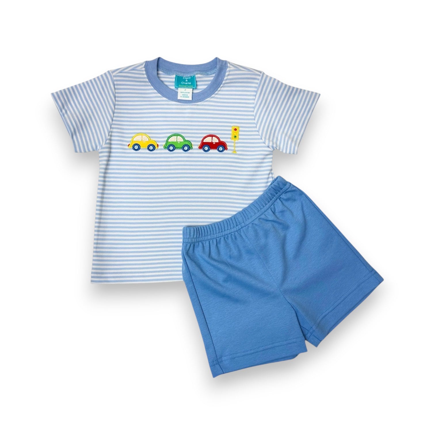 Claire & Charlie Cars Blue Knit Stripe Boy's T-Shirt & Periwinkle Shorts 5006P/