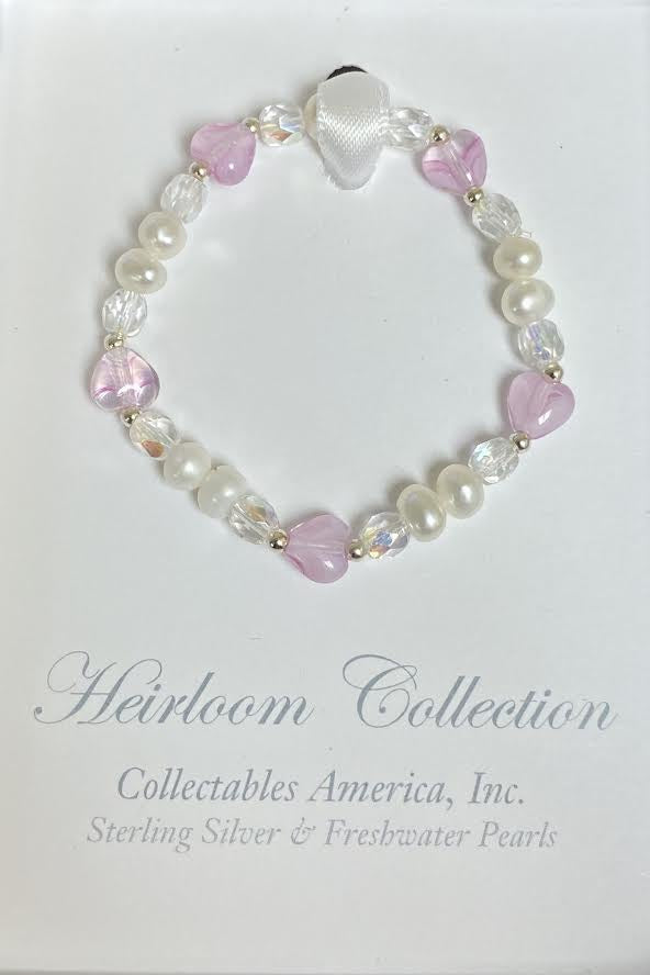 Collectables Freshwater Pearls & Pink Glass Hearts Stretchy Bracelet STG-116